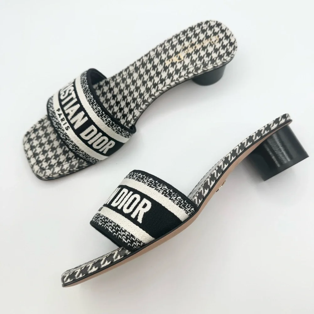 NEW Dior White Black Day Micro Logo Houndstooth Slide Sandals Block Heels Mules